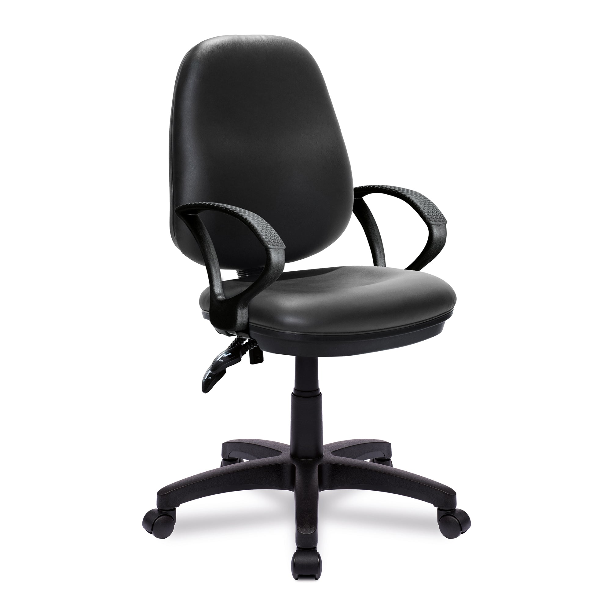 Black vinyl office chair with fixed arms on a white background