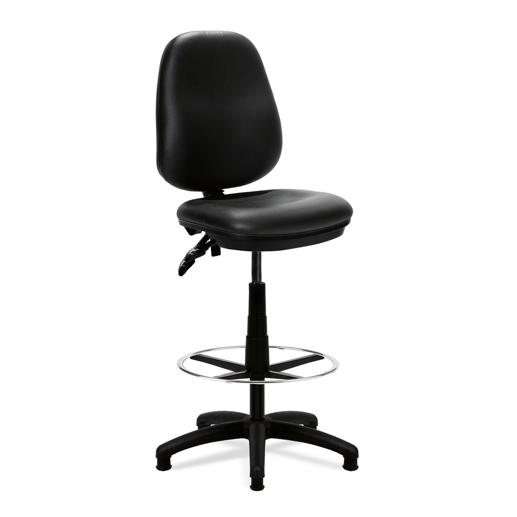 Black vinyl draughtsman office chair with adjustable height on a white background
