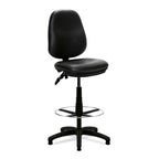 Black vinyl draughtsman office chair with adjustable height on a white background