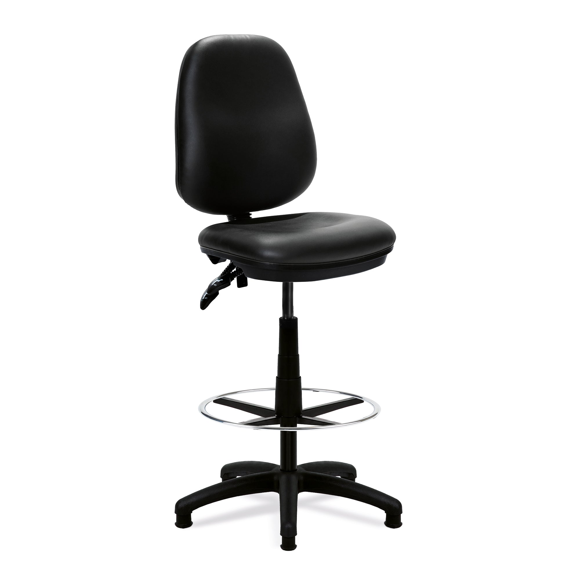Black vinyl draughtsman office chair with adjustable height on a white background