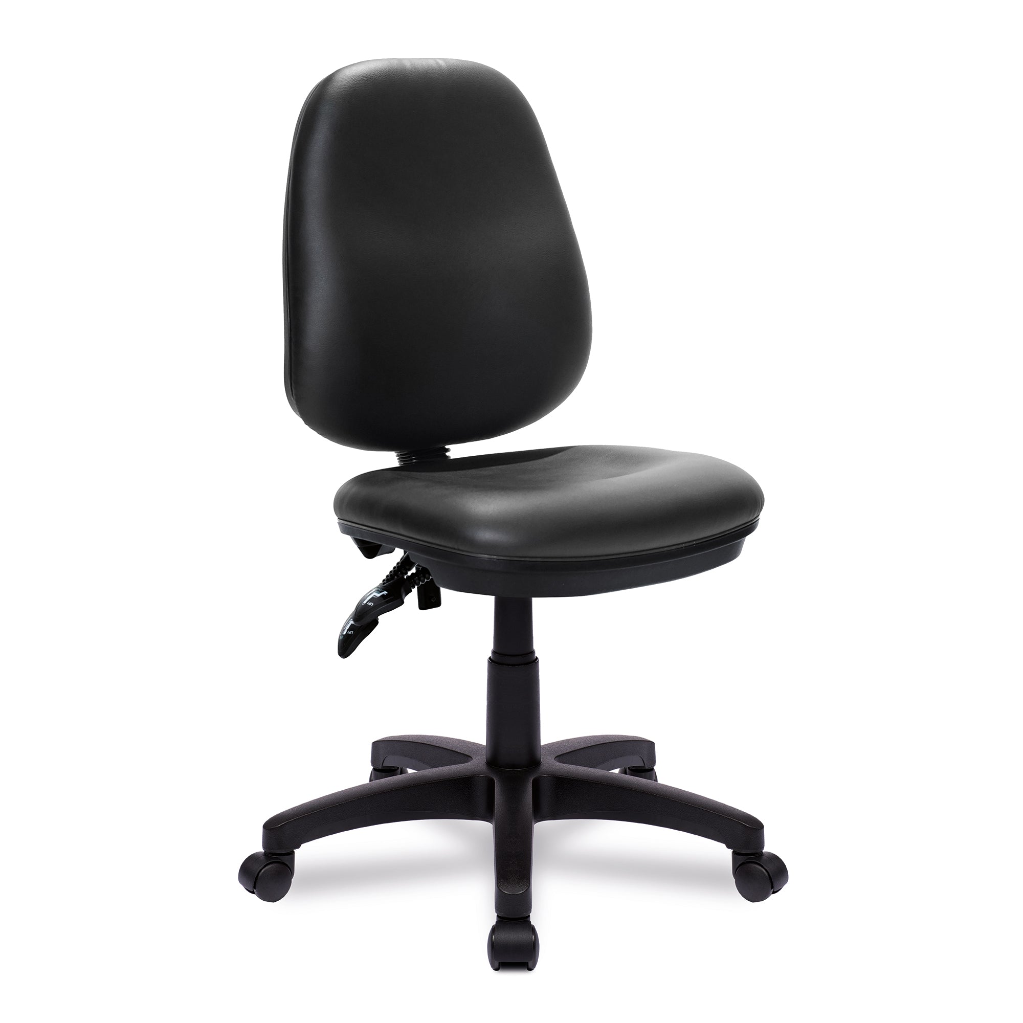 Black vinyl office chair on a white background