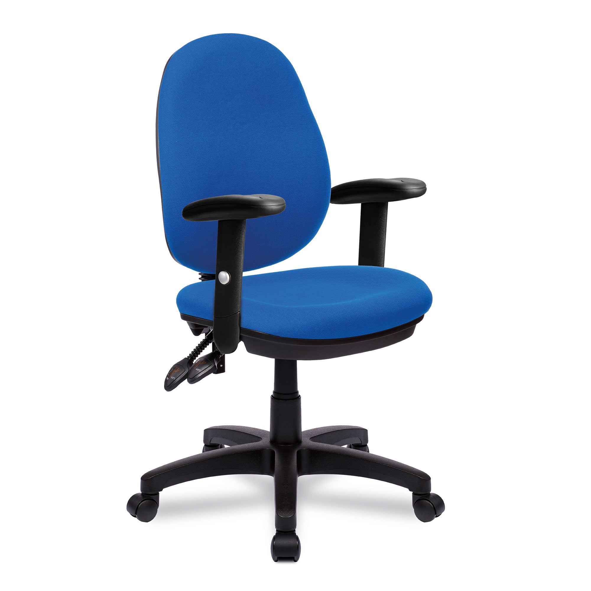 Blue office chair with black arms and base on a white background