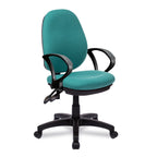 Teal office chair with black frame and fixed arms on a white background