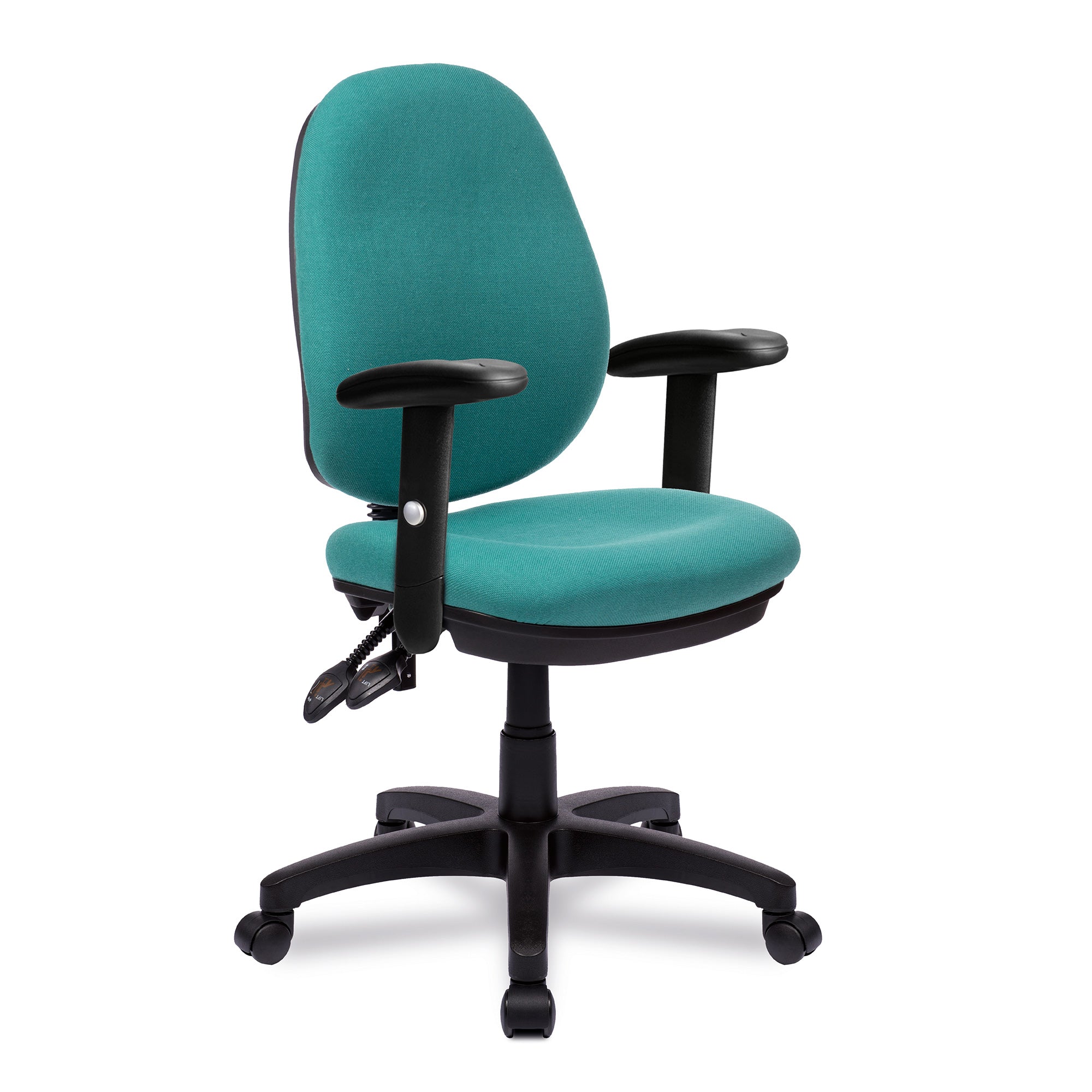 Teal office chair with black arms and base on a white background