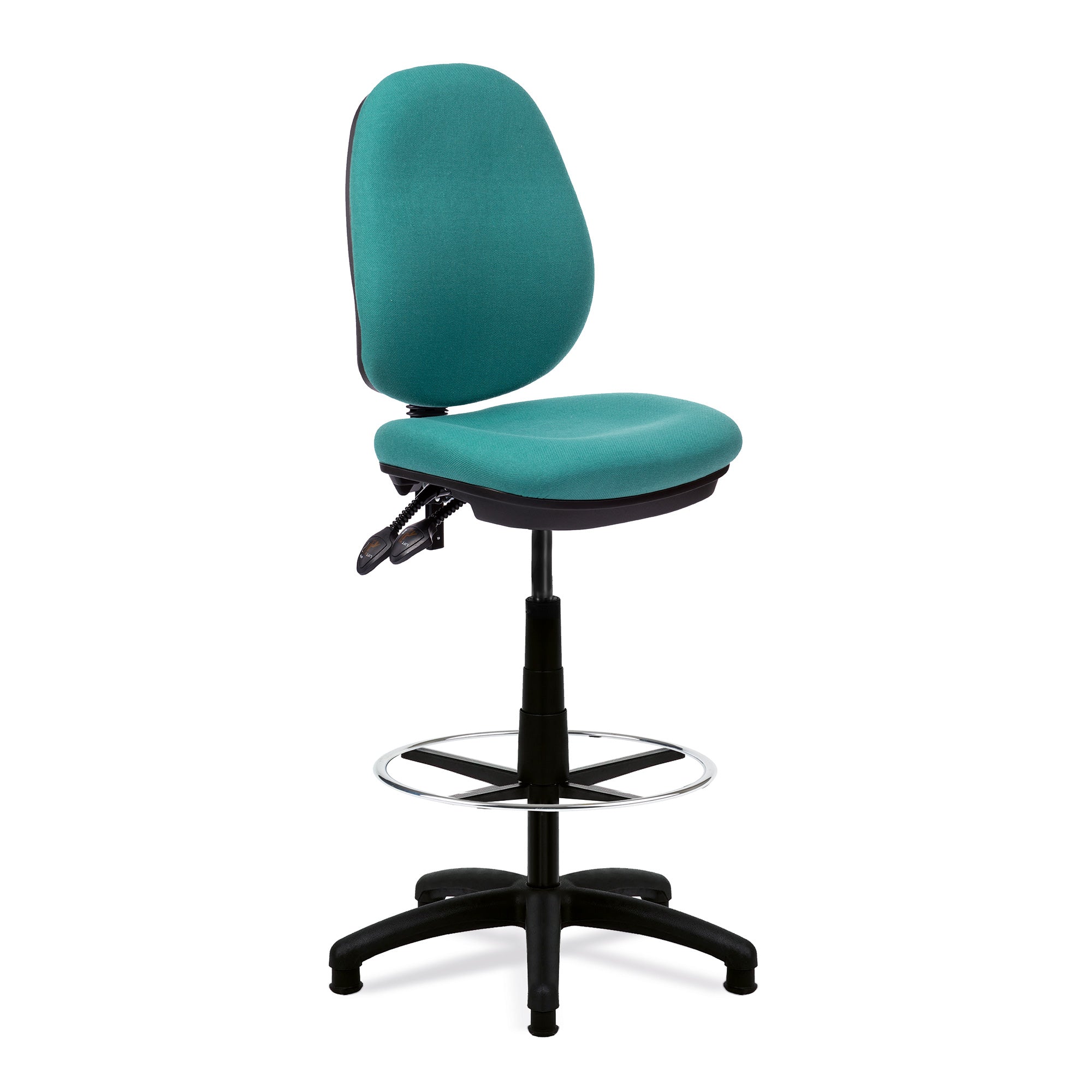 Green draughtsman office chair with adjustable height on a white background