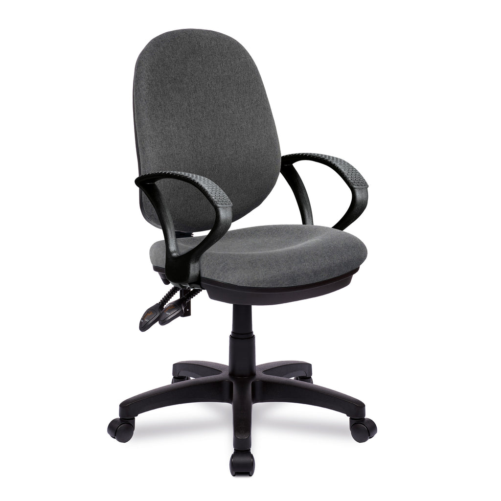 Grey office chair with black frame and fixed arms on a white background