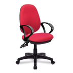 Red office chair with black frame and fixed arms on a white background