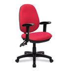 Red office chair with black arms and base on a white background