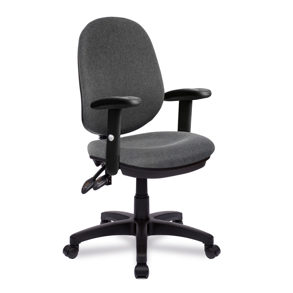 Grey office chair with black arms and base on a white background