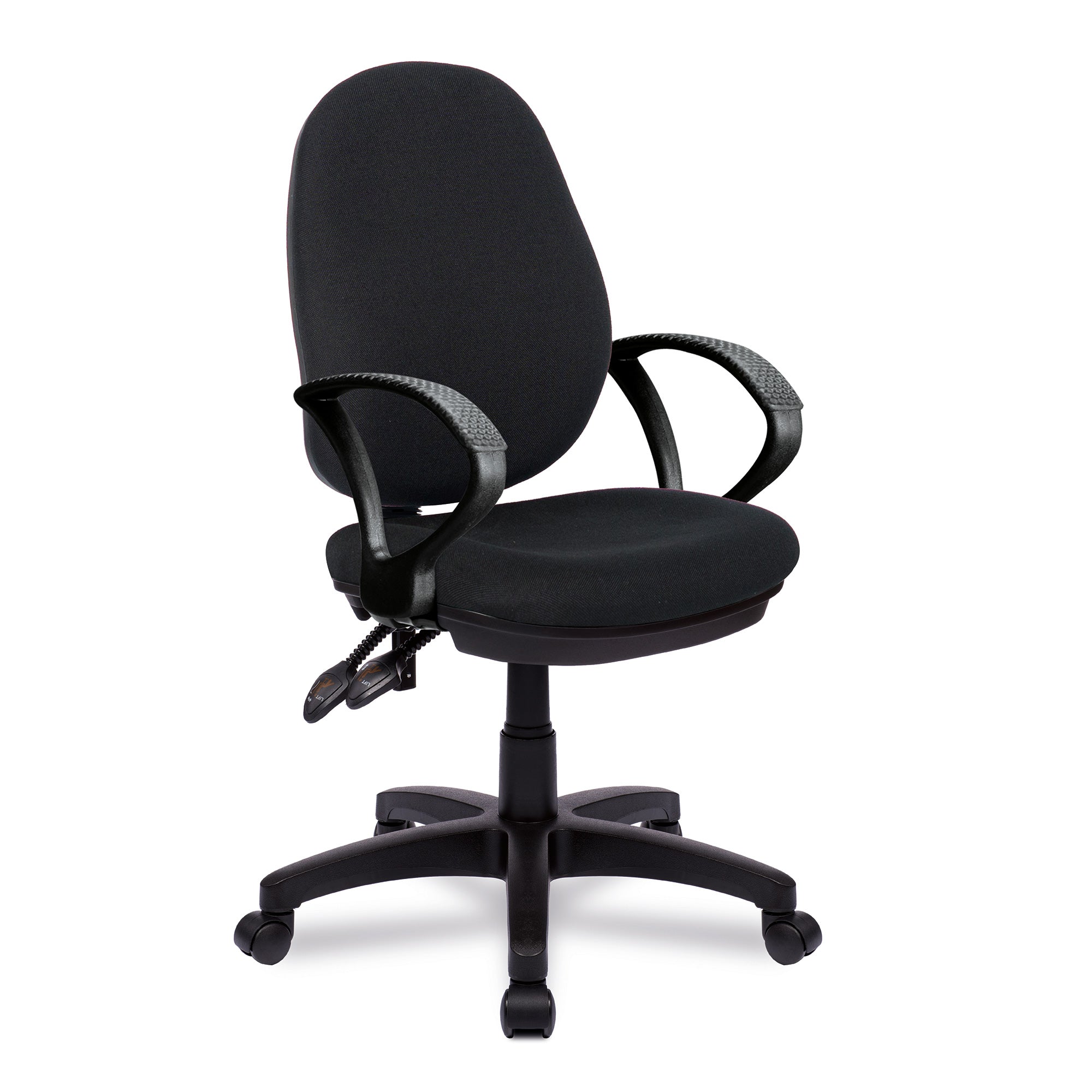 Black office chair with black arms and base on a white background