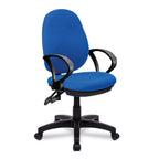 Blue office chair with black fixed arms and base on a white background