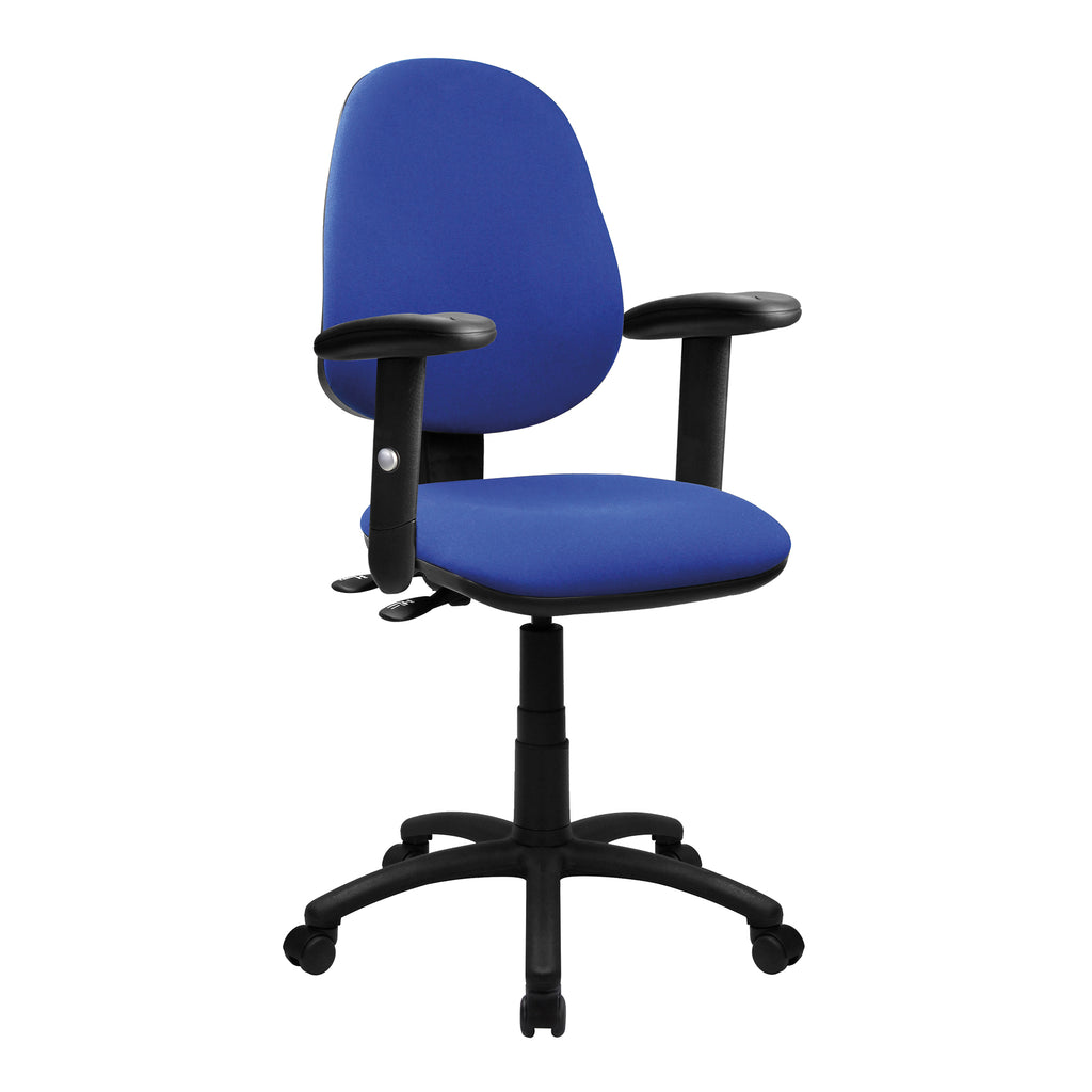 Blue office chair with black arms and base on a white background