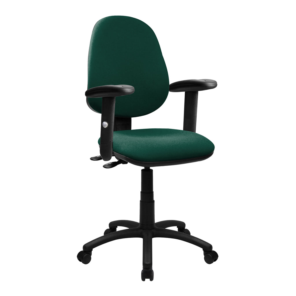 Red office chair with black arms and base on a white background