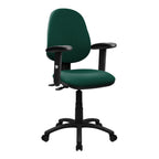Red office chair with black arms and base on a white background