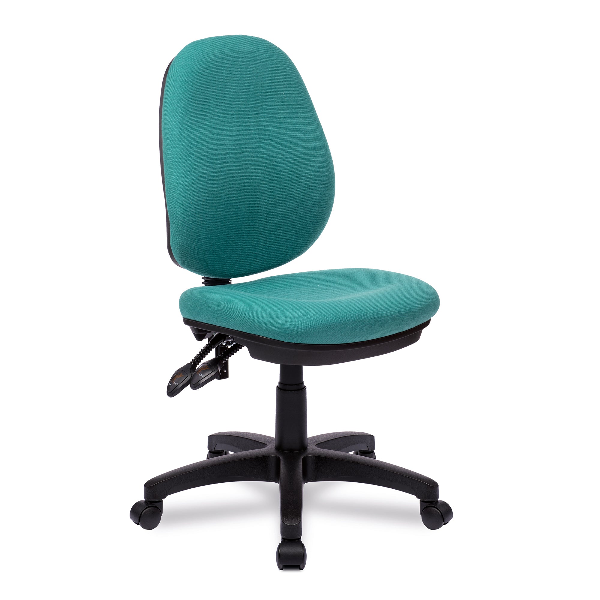 Green office chair with black base on a white background