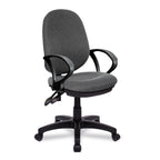 Grey office chair with black fixed arms and base on a white background