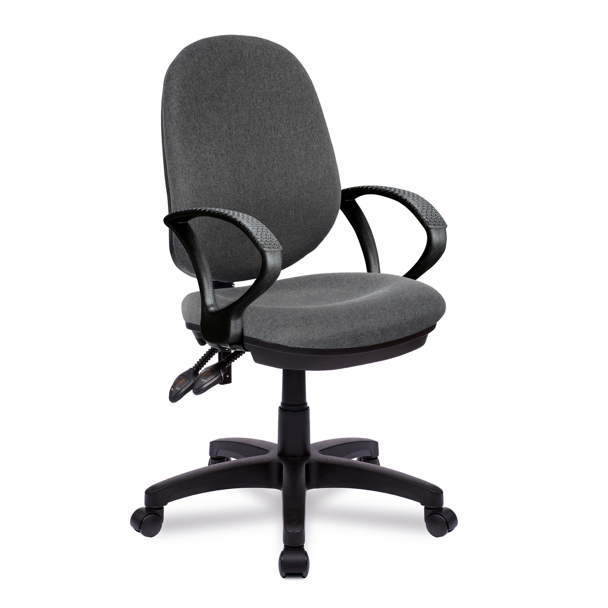 Grey office chair with black fixed arms and base on a white background