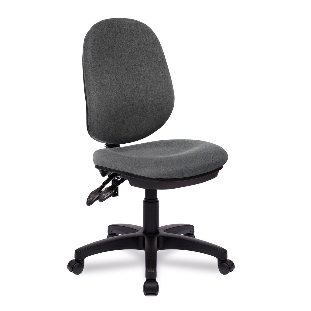 Grey office chair with black base on a white background