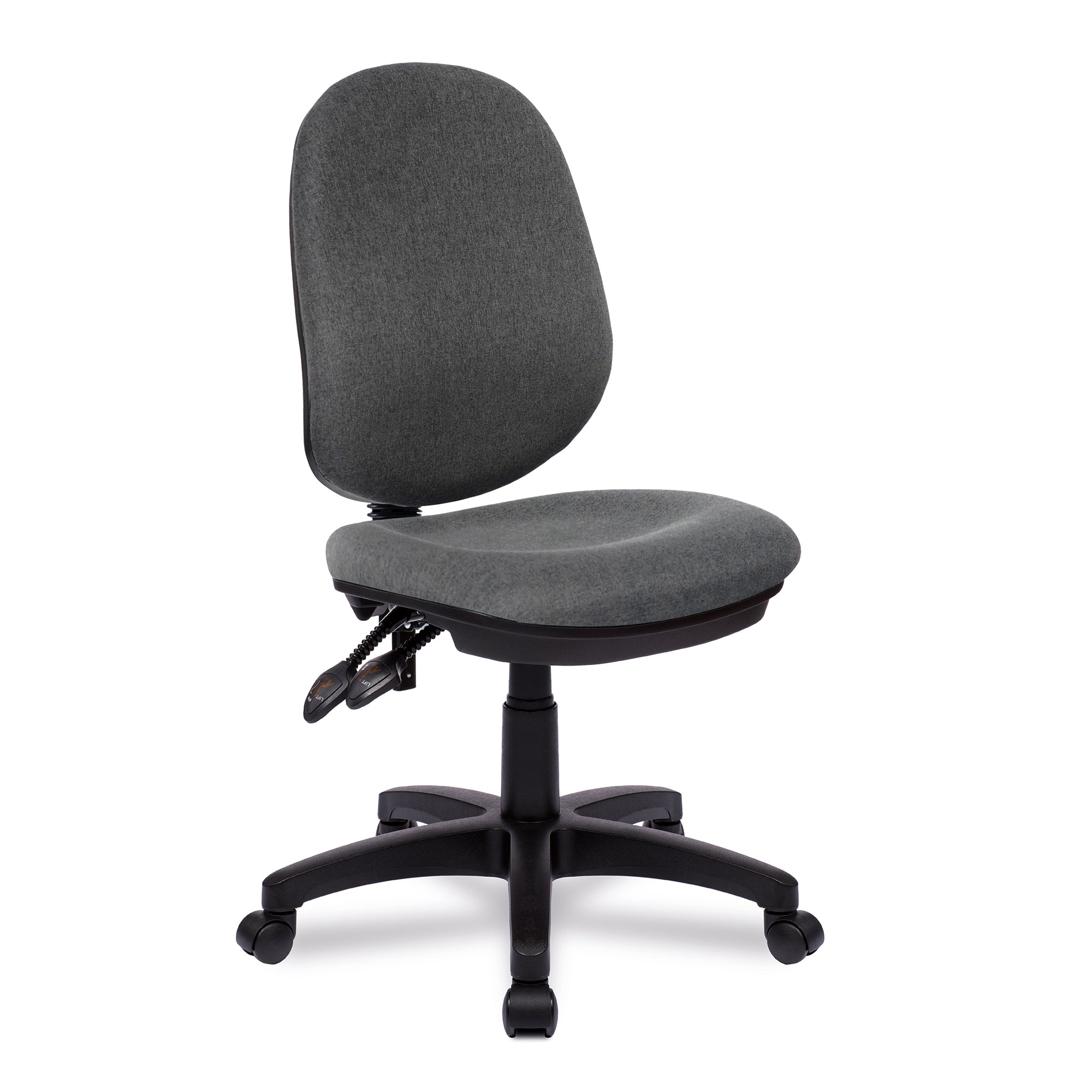 Grey office chair with black base on a white background