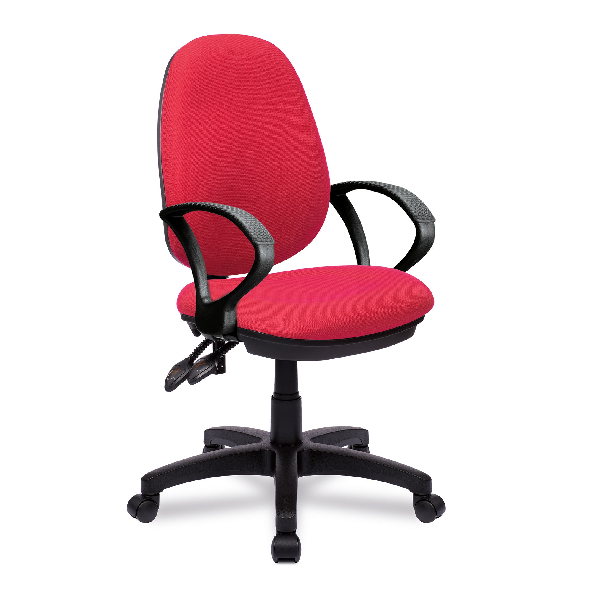 Red office chair with black fixed arms and base on a white background