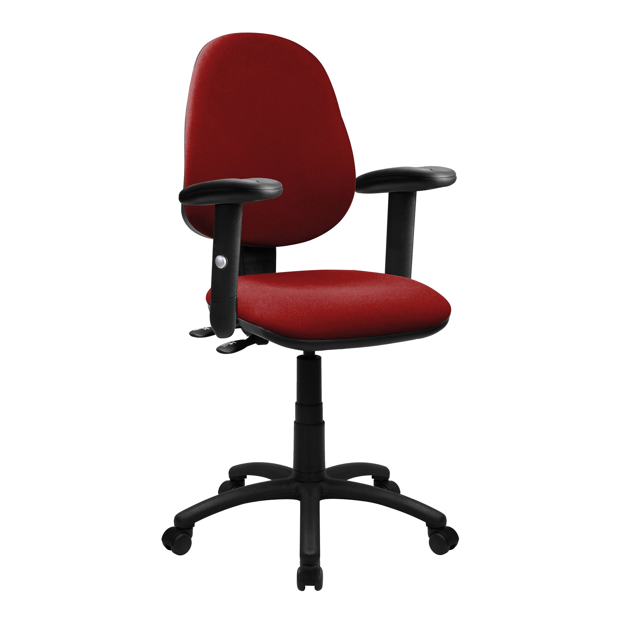 Red office chair with black arms and base on a white background
