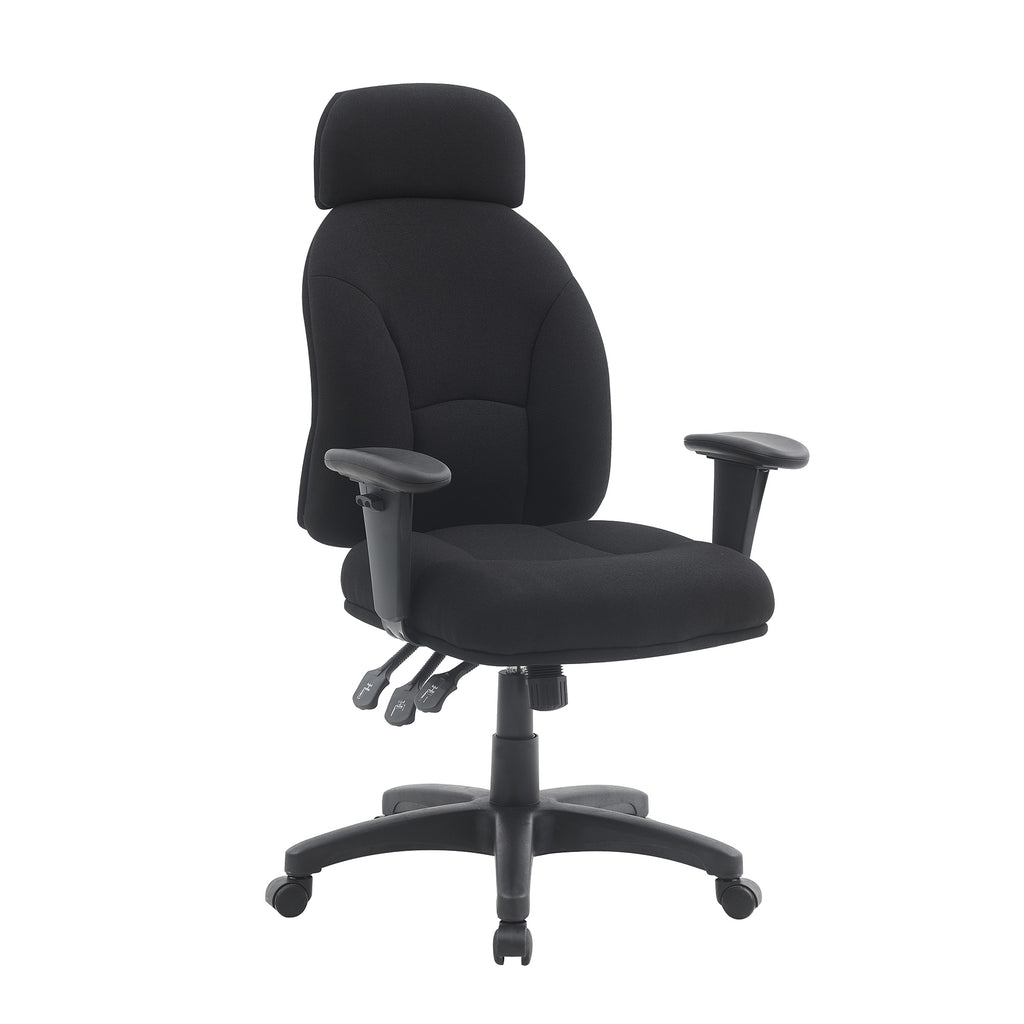 Black office chair with adjustable arms on a white background