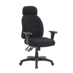 Black office chair with adjustable arms on a white background