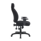 Black office chair with adjustable armrests on a white background