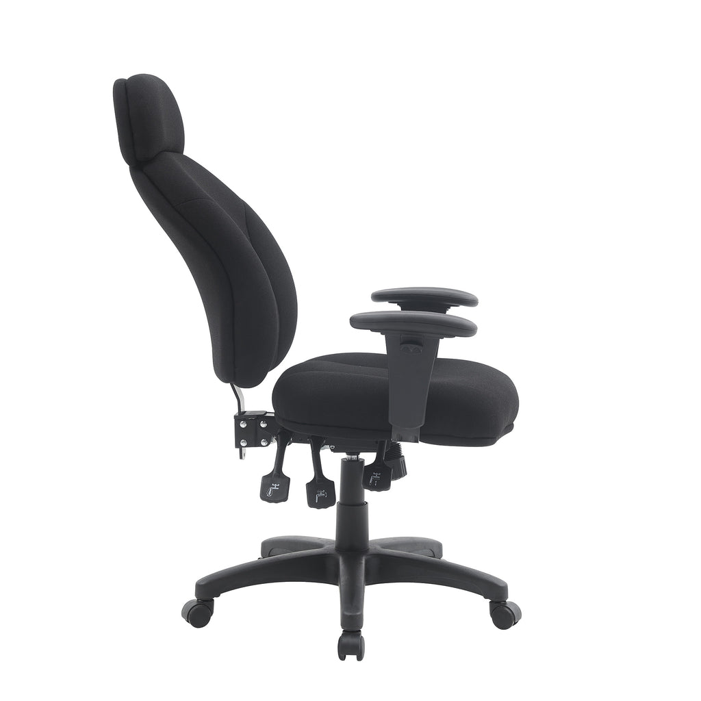 Black office chair with adjustable armrests on a white background