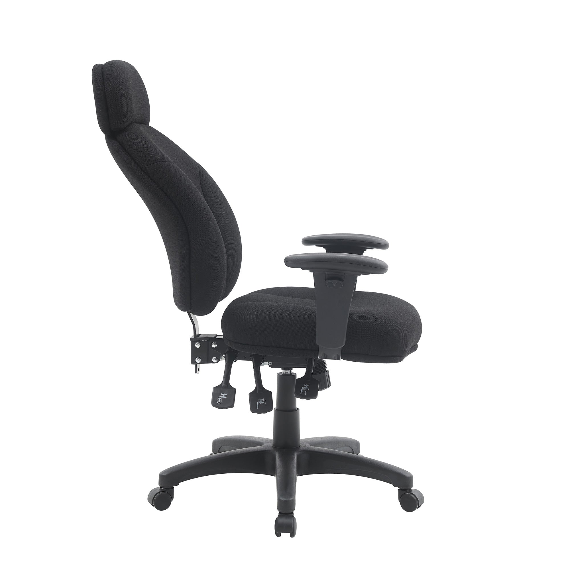 Black office chair with adjustable armrests on a white background