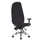 Black office chair with adjustable arms on a white background