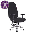 Black office chair with chrome base on a white background, featuring a 'Chiropractor Approved' label.