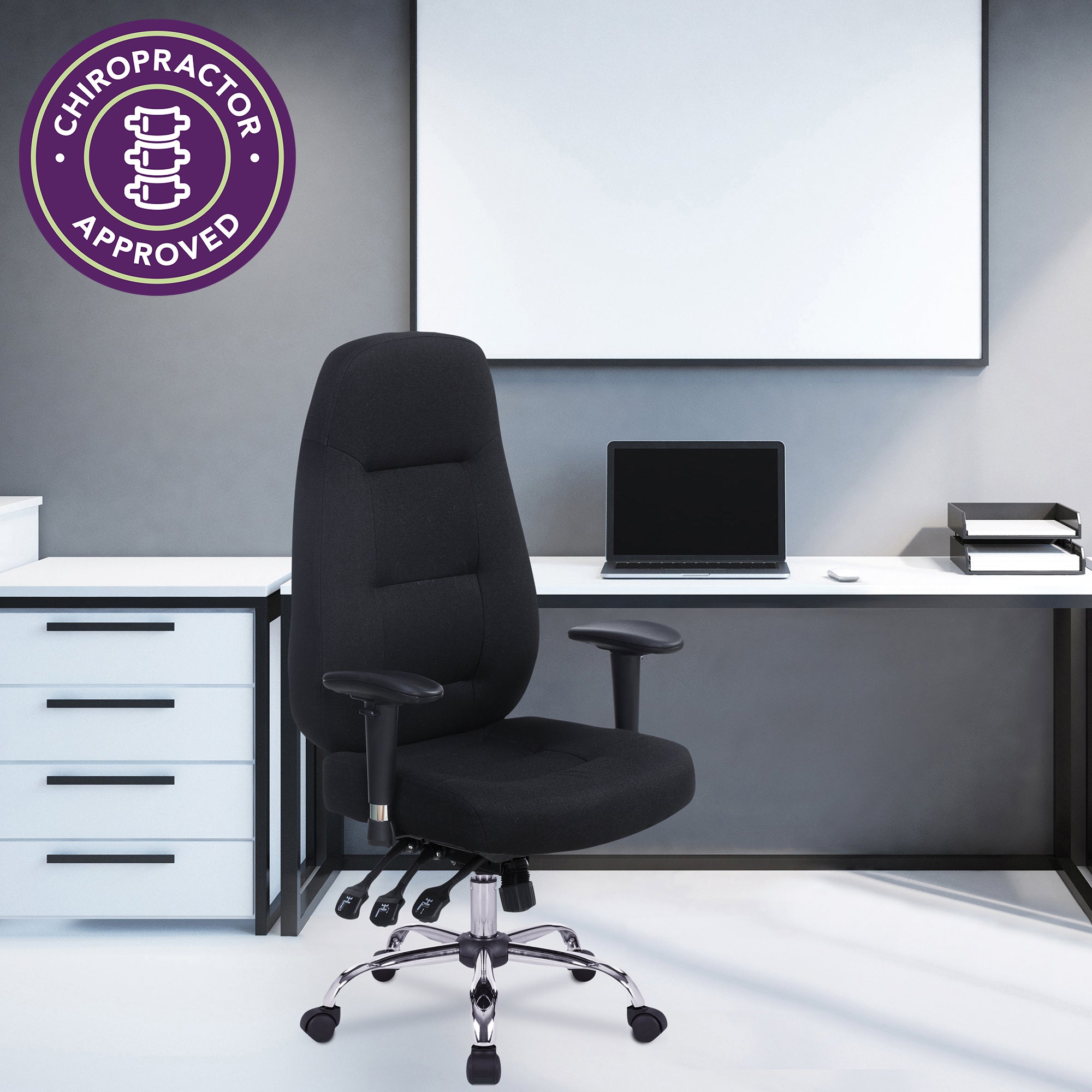 Black office chair in a modern office setting with a Chiropractor Approved badge.