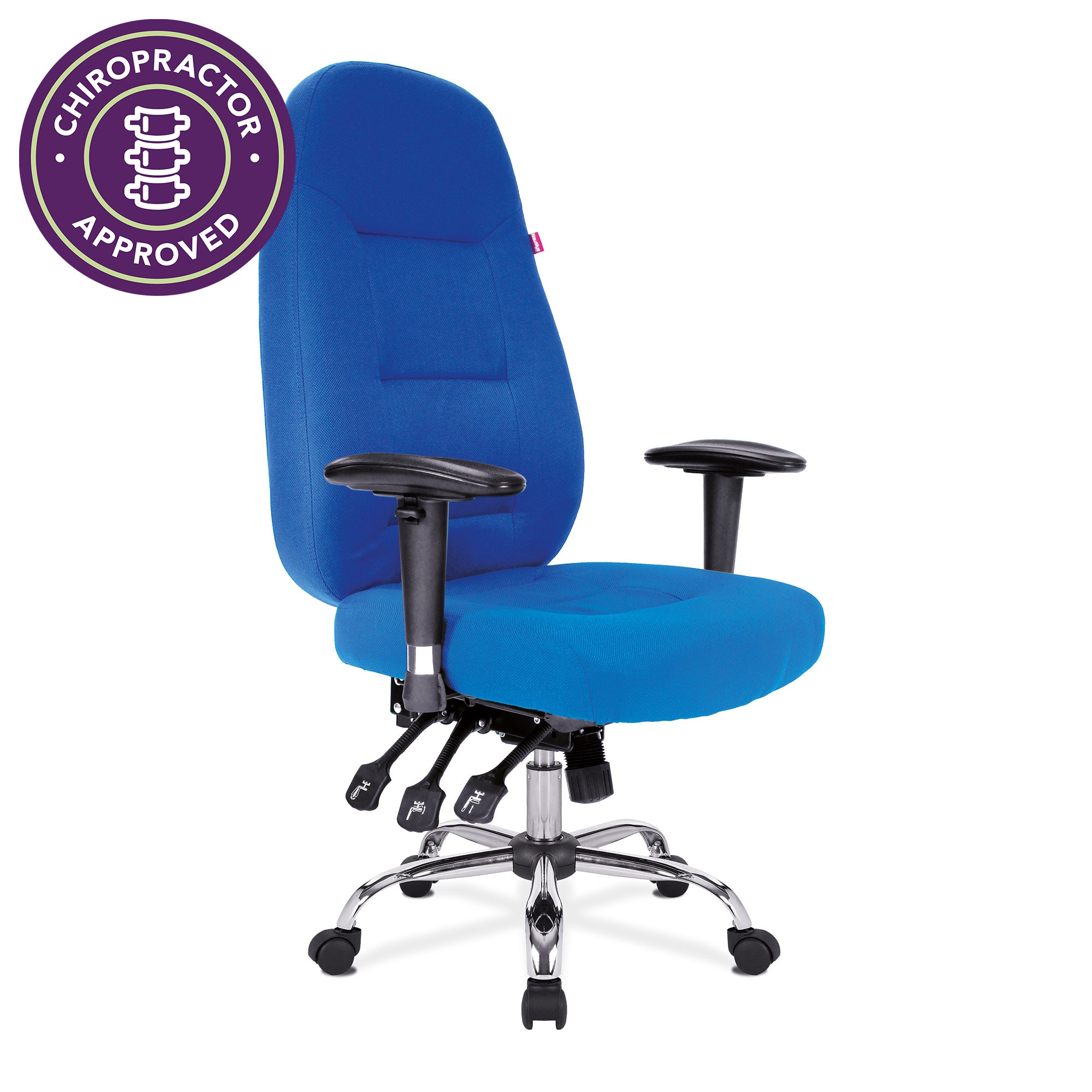 Blue office chair with chiropractor approval badge on a white background