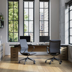 Modern office setup with two chairs and a desk in front of large windows.