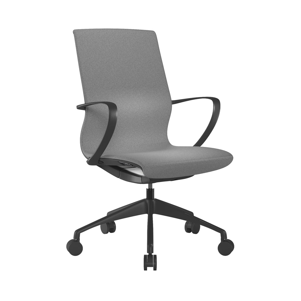 Grey office chair with black frame on a white background