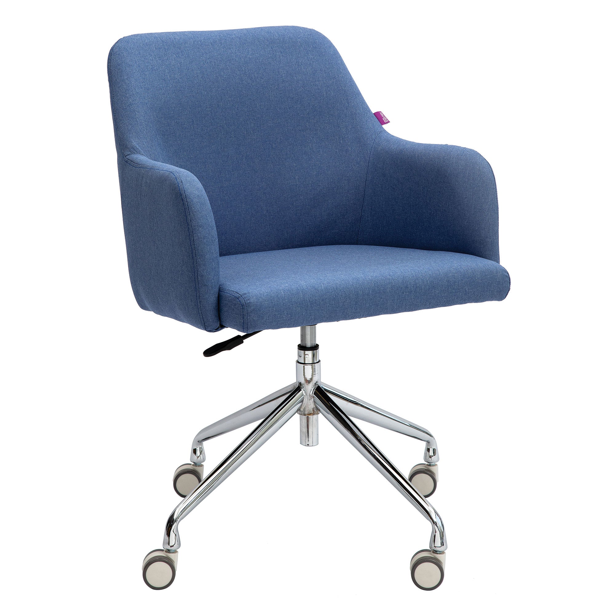 Blue office chair with a chrome base on a white background