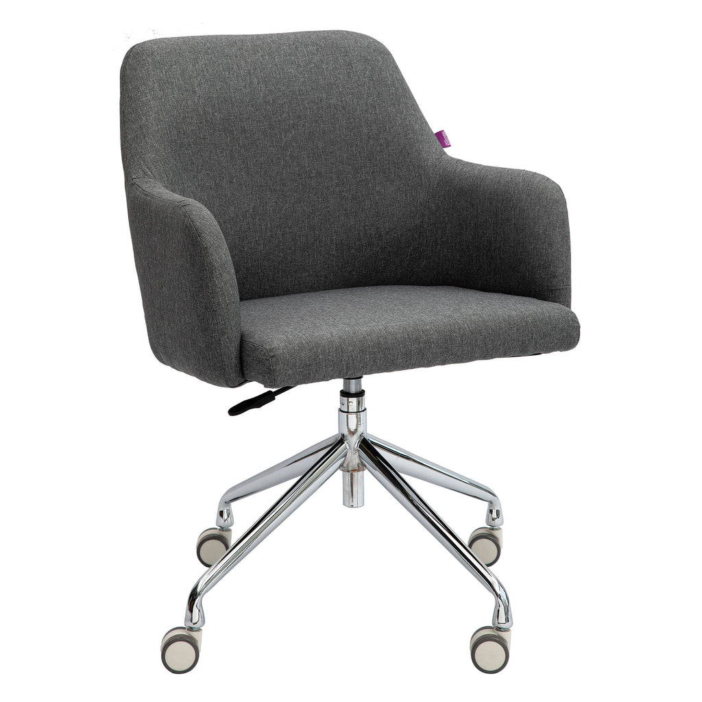 Grey office chair with a chrome base on a white background