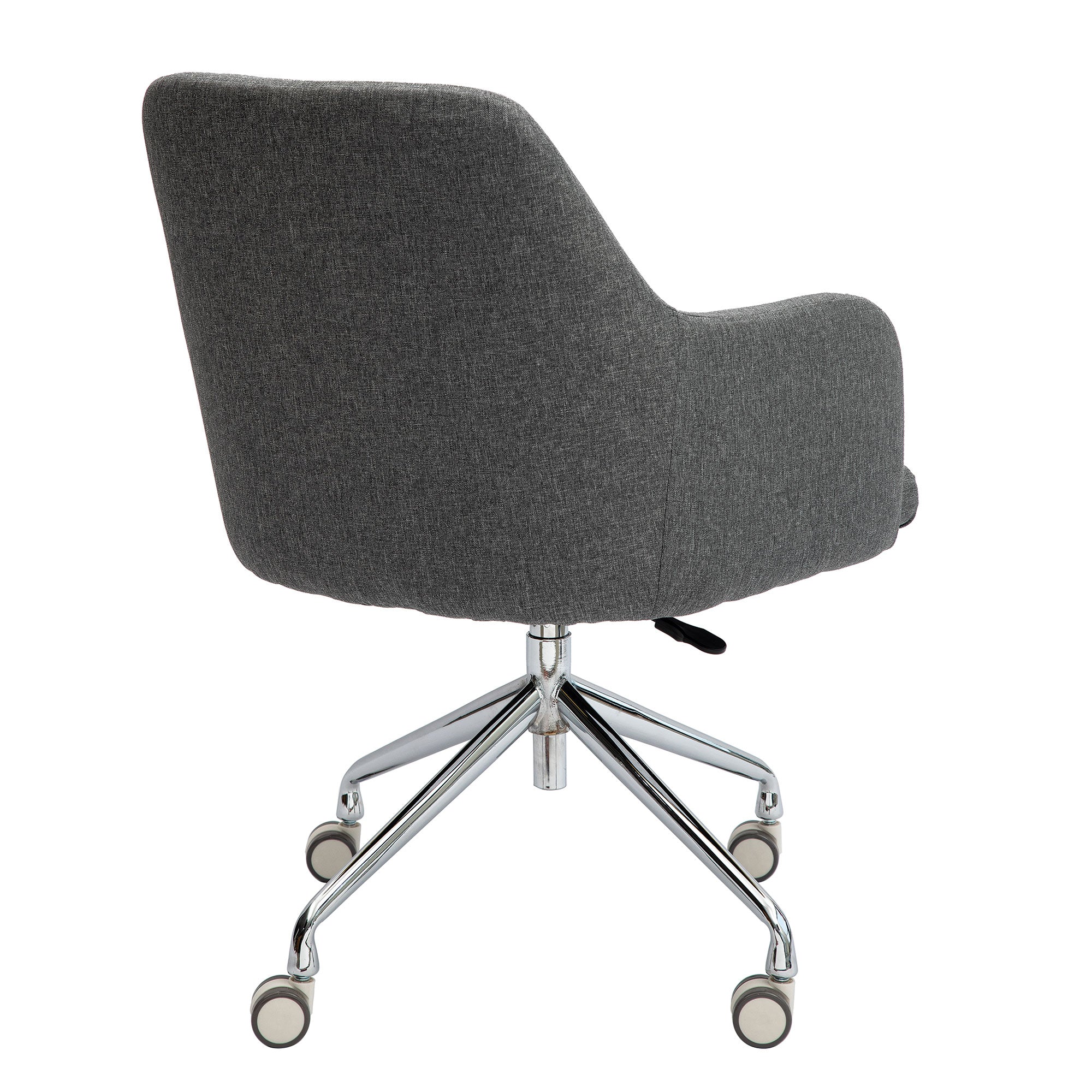 Grey office chair with a chrome base on a white background