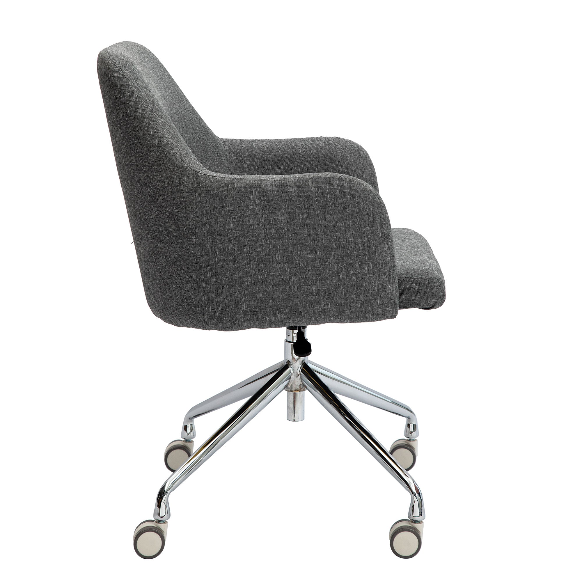 Grey office chair with a chrome base on a white background