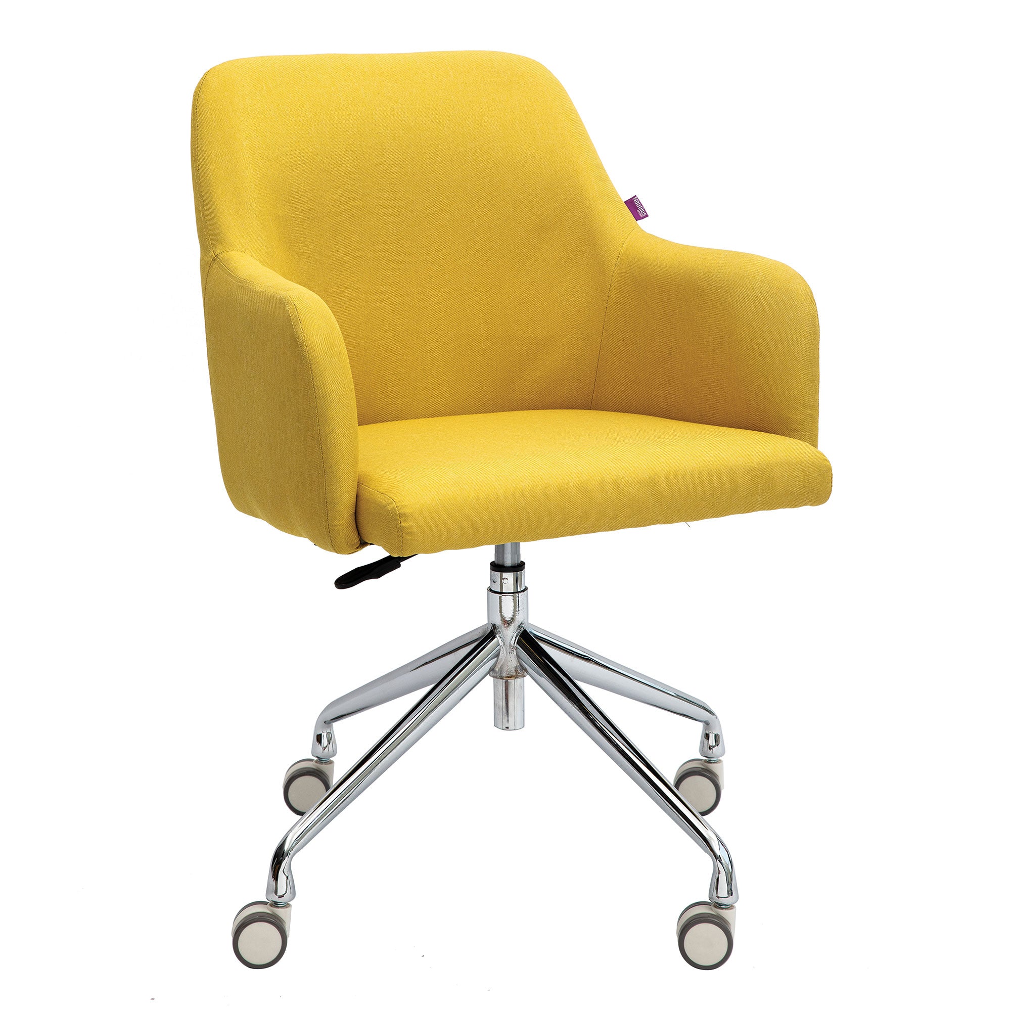 Yellow office chair with a chrome base on a white background
