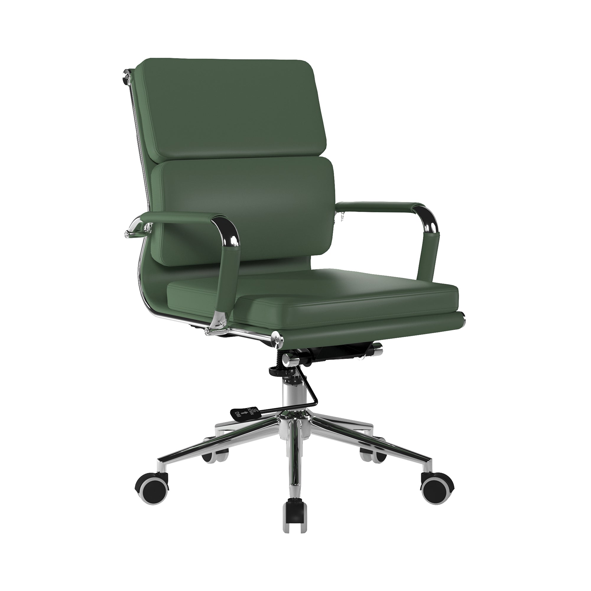 Green office chair with a chrome base on a white background