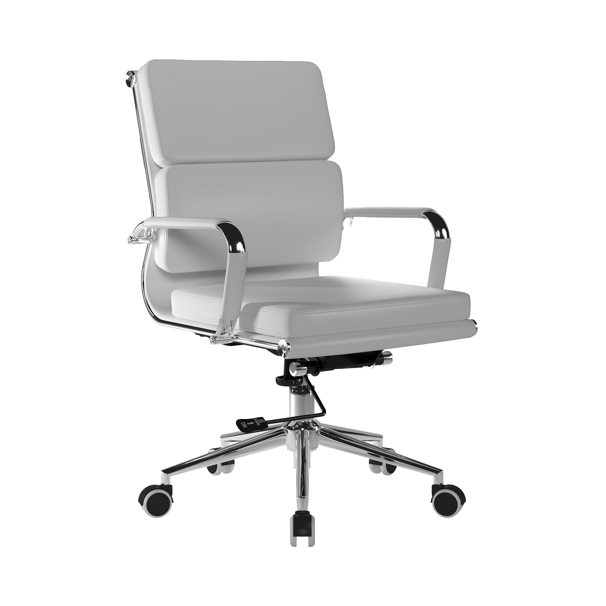 White office chair with a chrome base on a white background