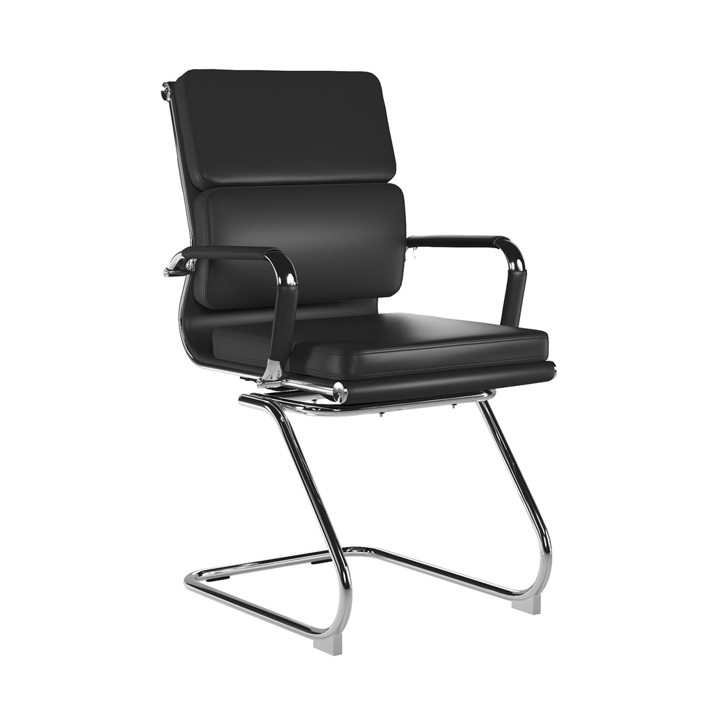 Black office chair with armrests and cantilever chrome frame on a white background