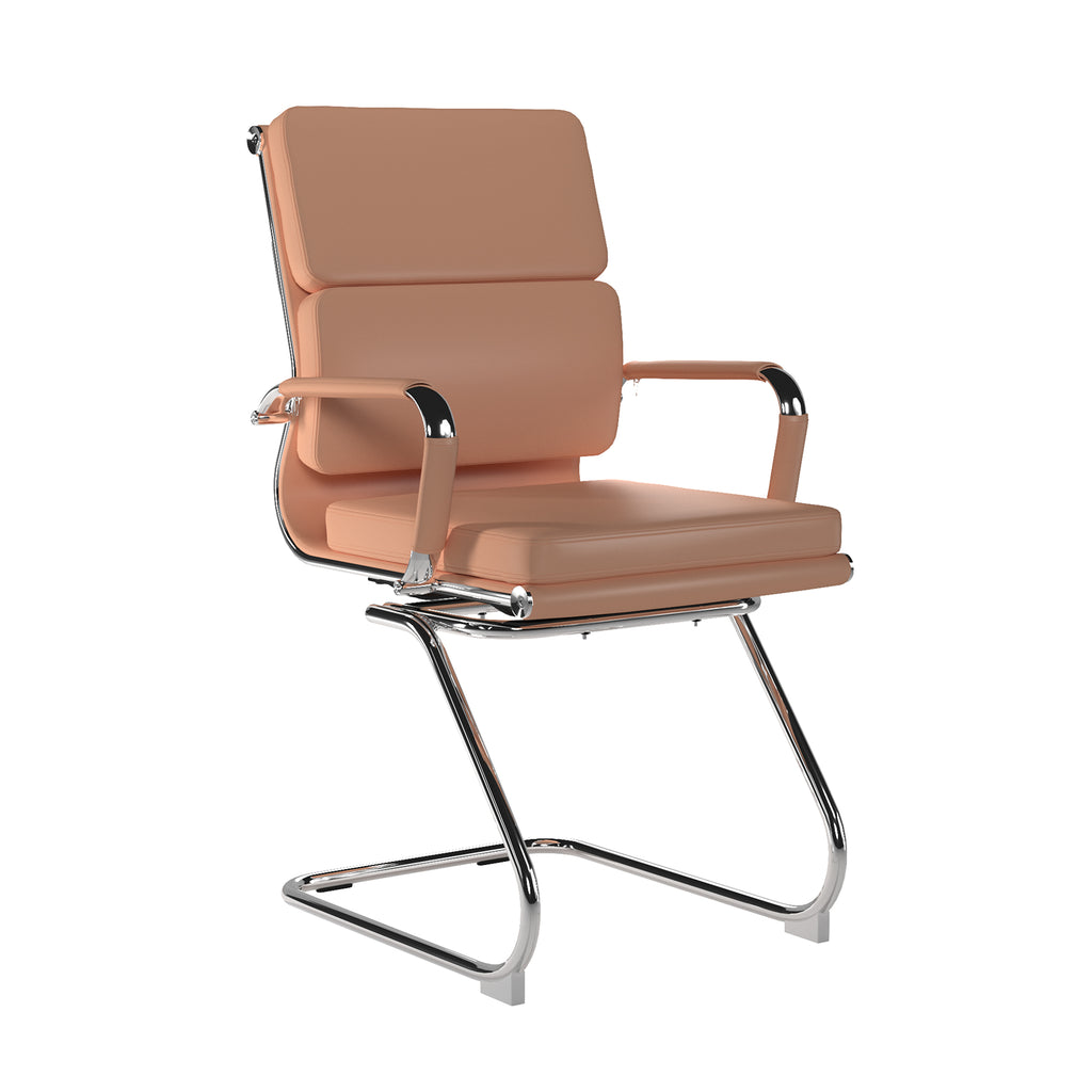 Brown office chair with armrests and cantilever chrome frame on a white background