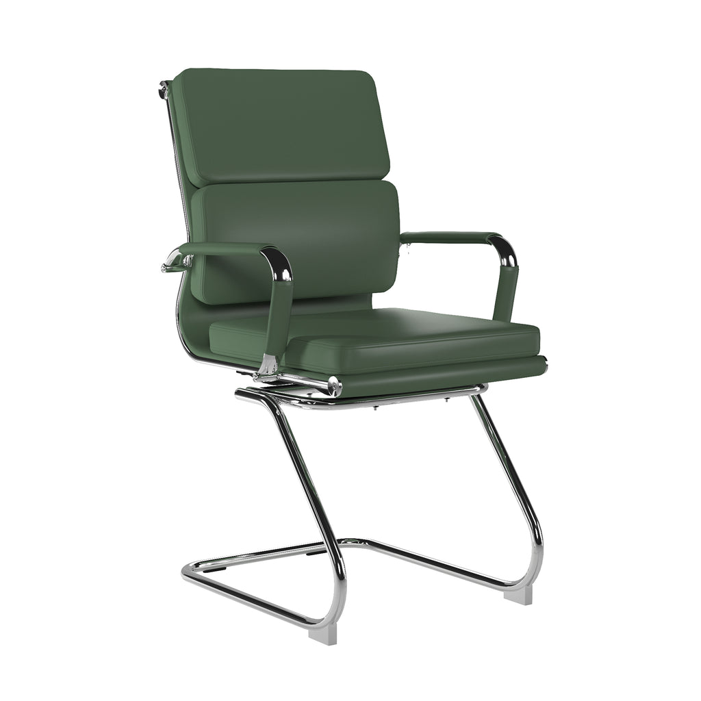 Green office chair with armrests and cantilever chrome frame on a white background