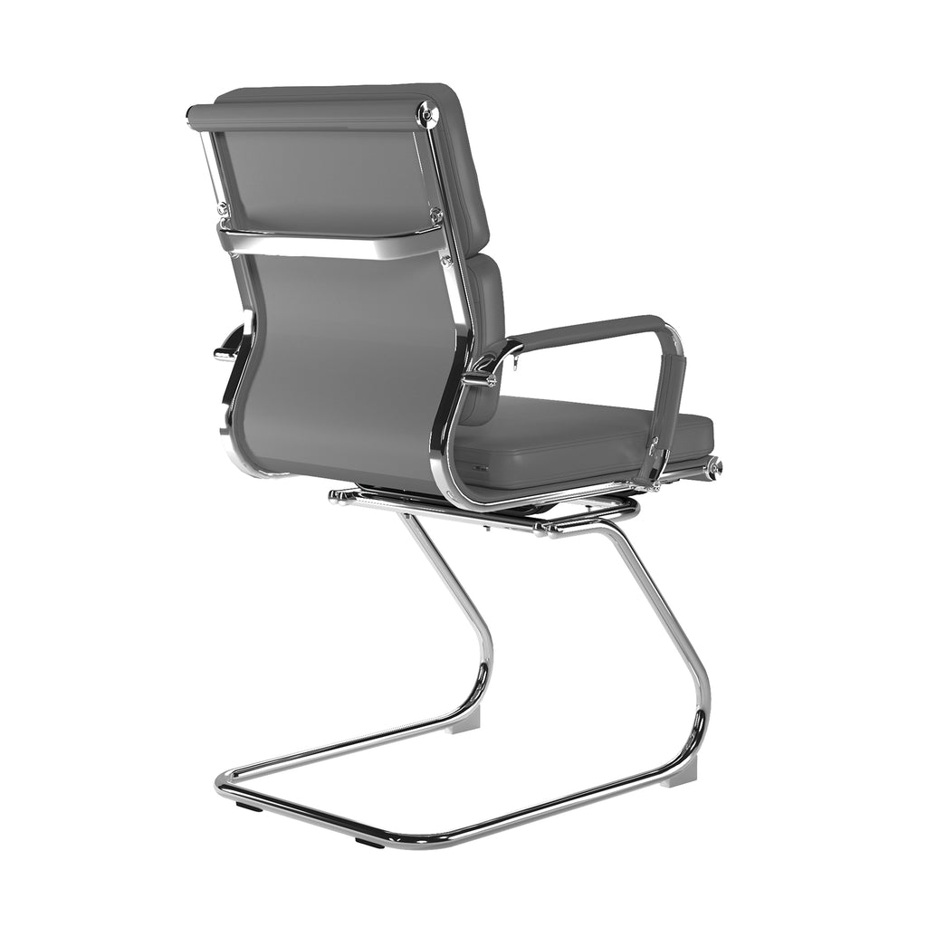 Grey office chair with armrests and cantilever chrome frame on a white background