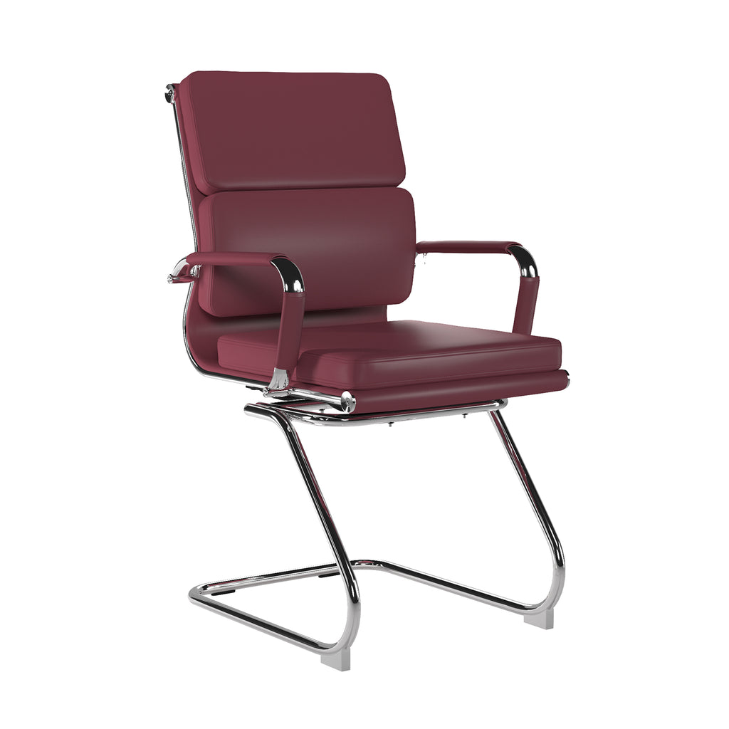 Maroon office chair with armrests and cantilever chrome frame on a white background