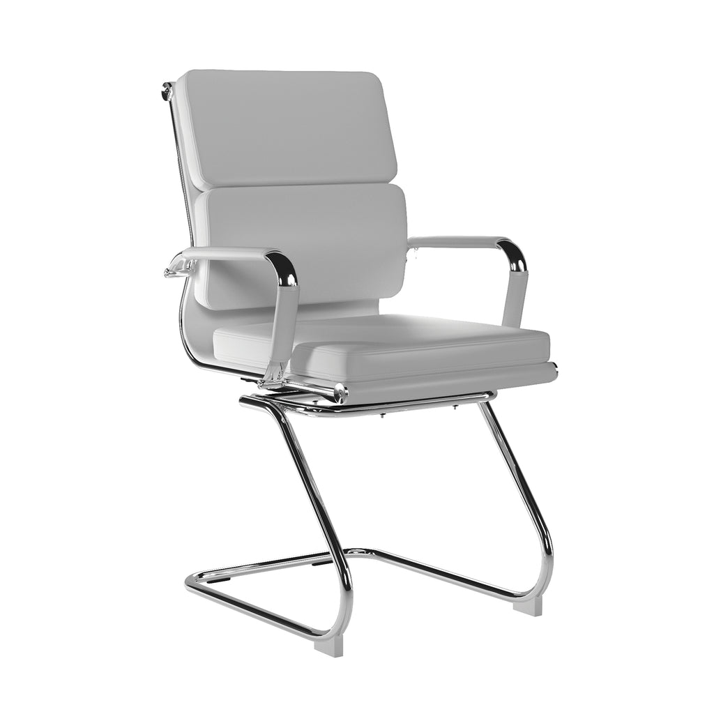 White office chair with armrests and cantilever chrome frame on a white background