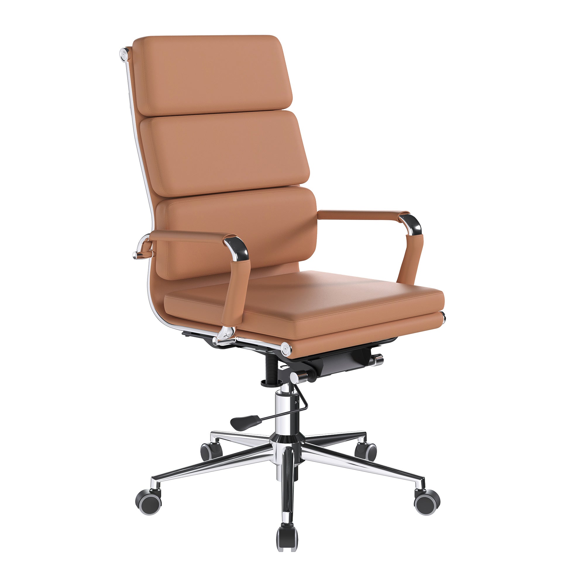 Brown office chair with a high backrest on a white background